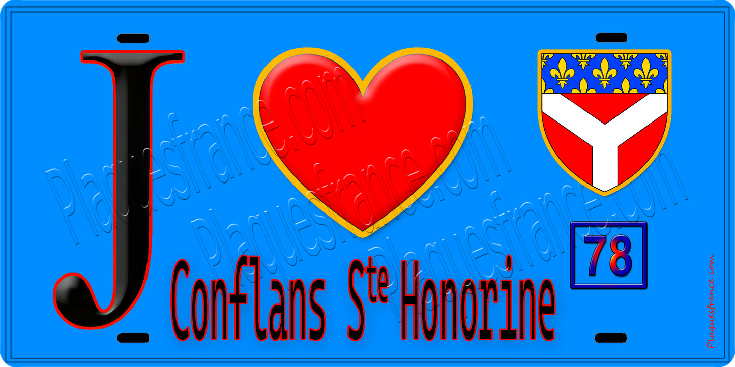 Plaque métal décorative J' ❤️ Conflans-Sainte-Honorine, Yvelines (78) fond bleu