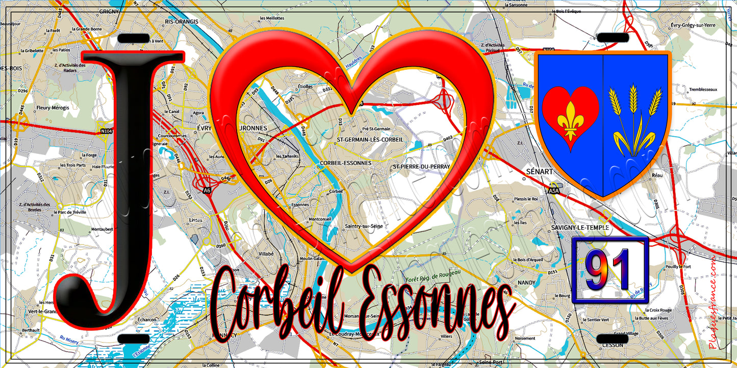 Plaque métal décorative J' ❤️Corbeil-Essonnes, Essonne (91)