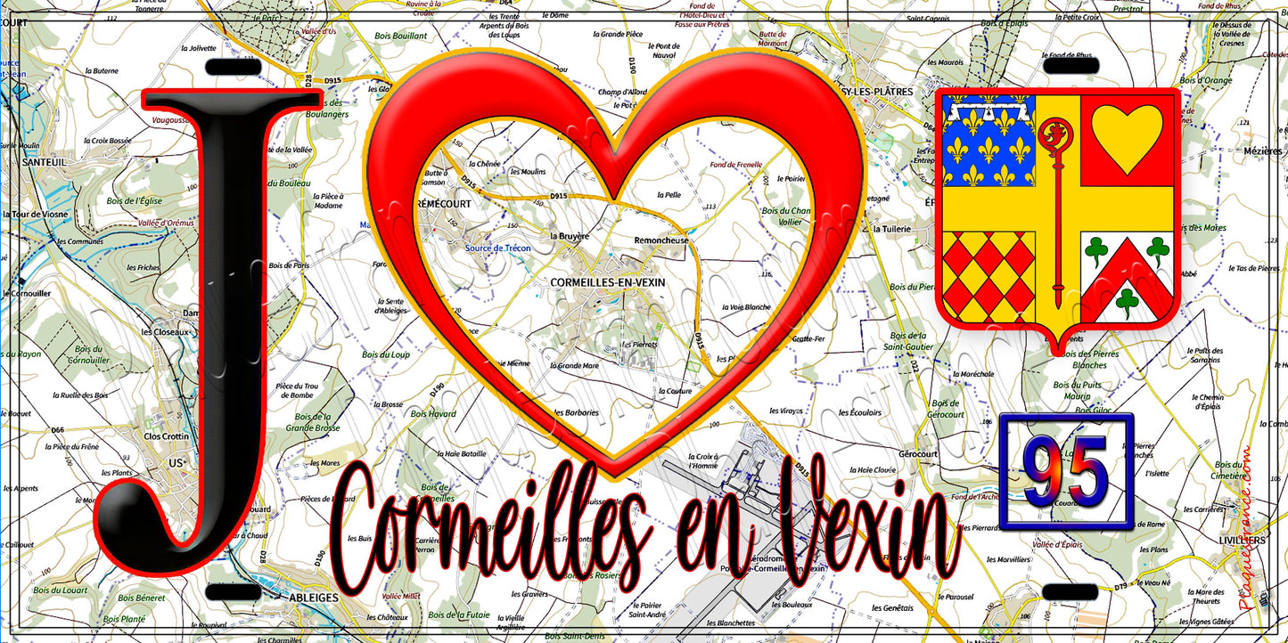 Plaque métal décorative J' ❤️Cormeilles-en-Vexin, Val d'Oise (95) fond carte