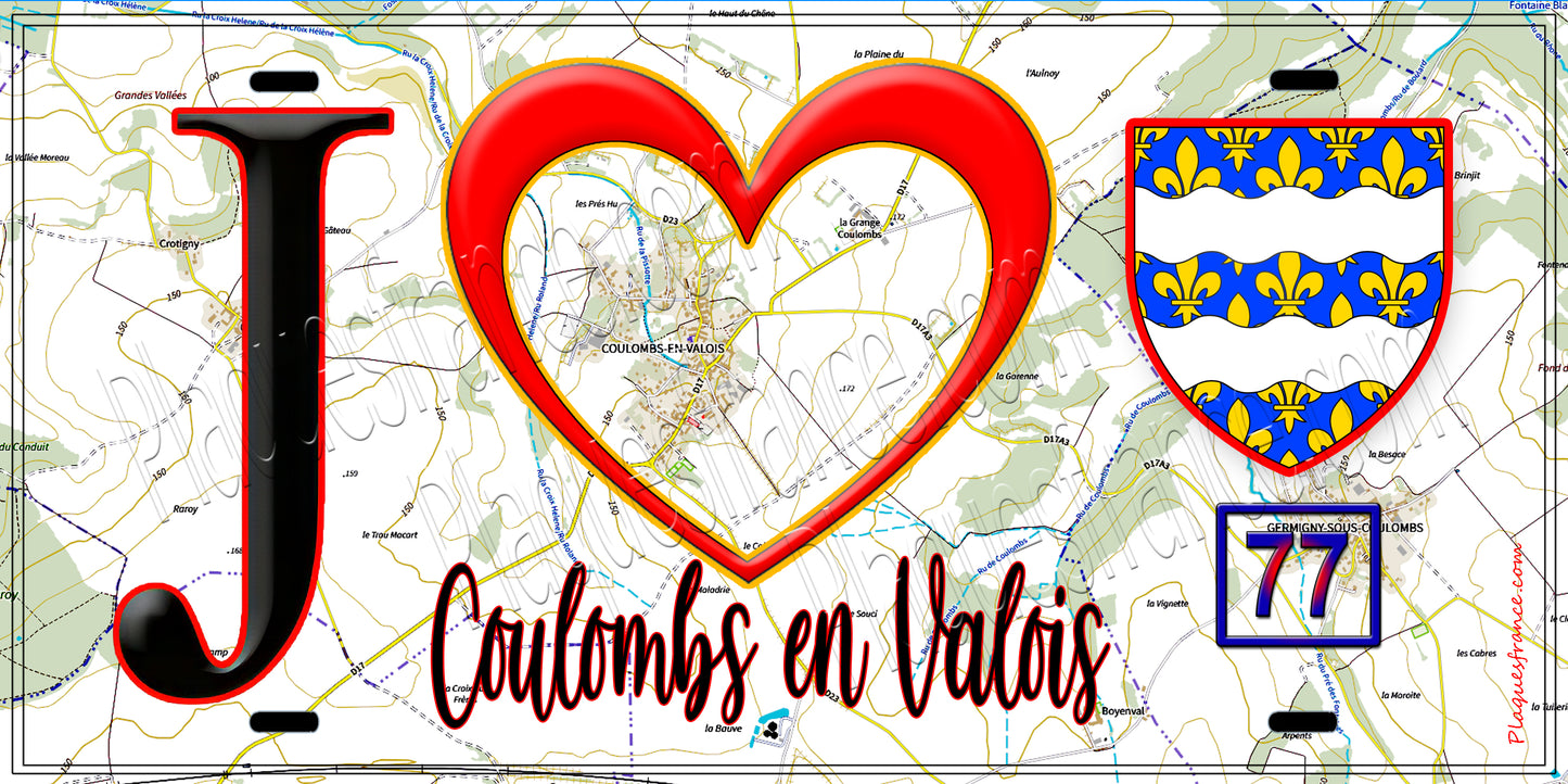 Plaque métal décorative J' ❤️Coulombs-en-Valois, Seine et Marne (77) fond carte