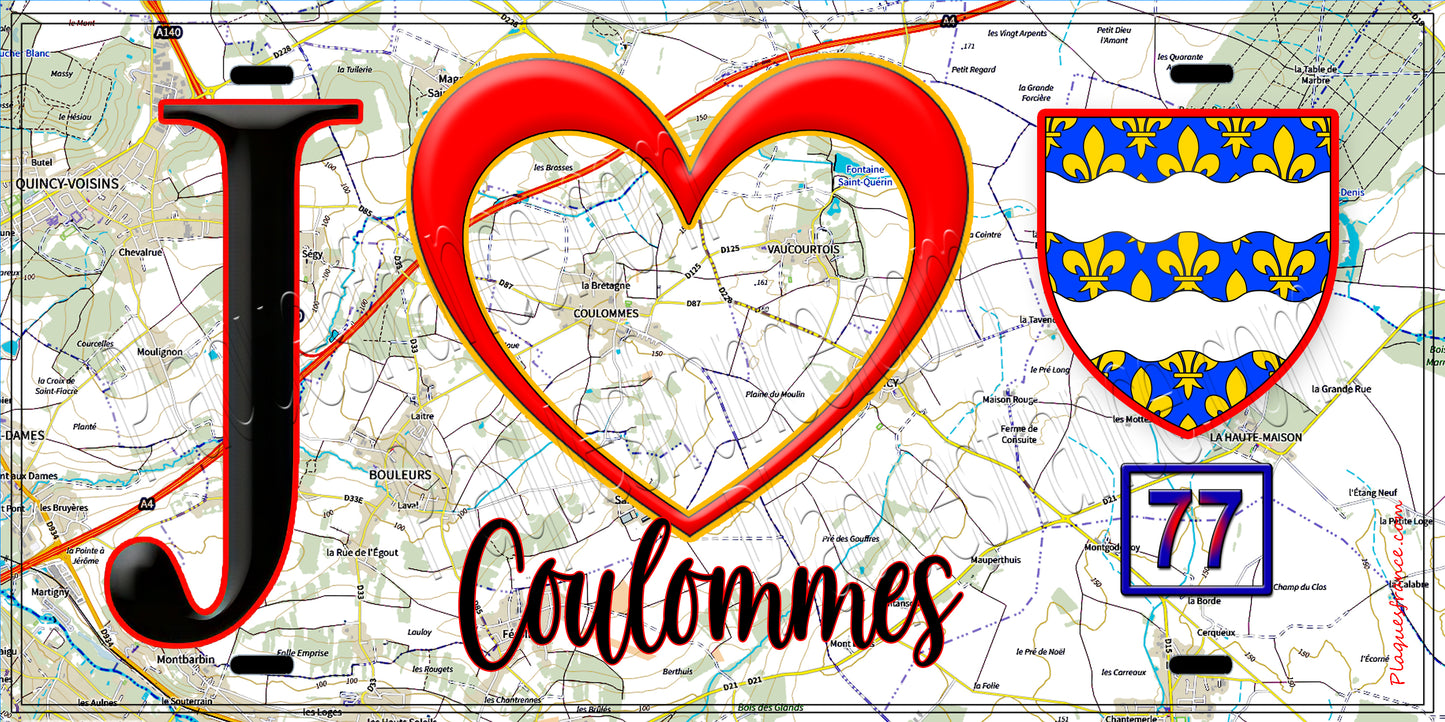 Plaque métal décorative J' ❤️Coulommes, Seine et Marne (77) fond carte