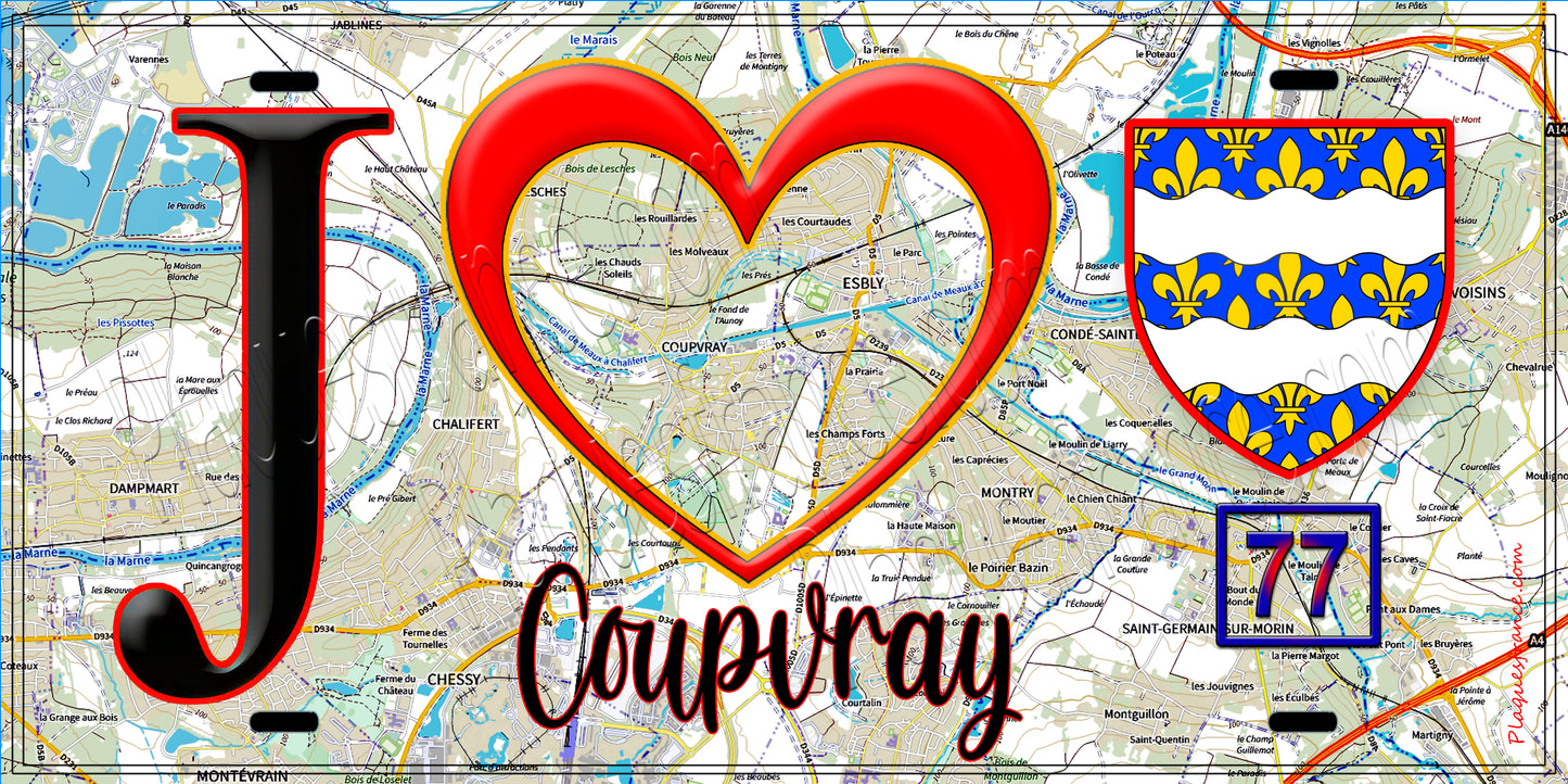 Plaque métal décorative J' ❤️Coupvray, Seine et Marne (77)