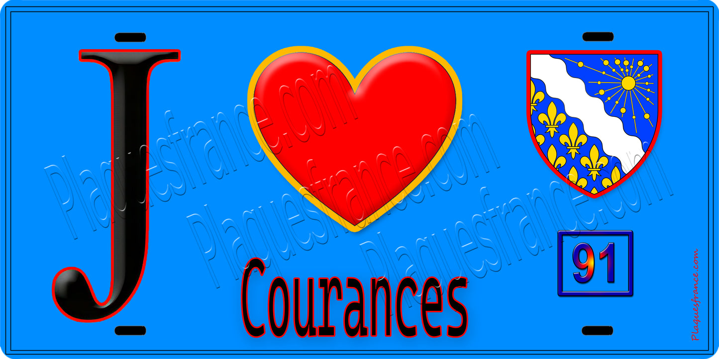 Plaque métal décorative J' ❤️Courances, Essonne (91) fond bleu