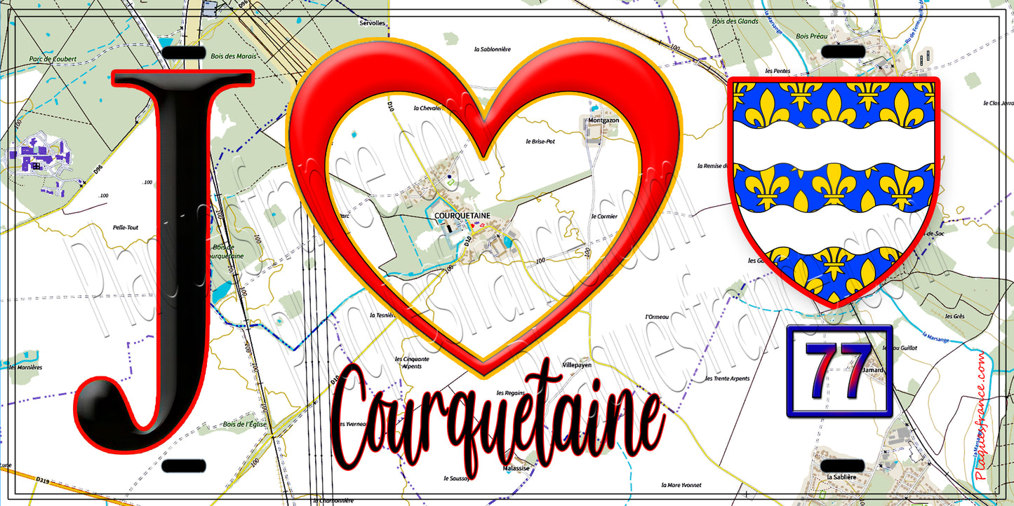 Plaque métal décorative J' ❤️Courquetaine, Seine et Marne (77) fond carte