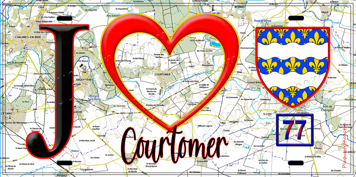 Plaque métal décorative J' ❤️Courtomer, Seine et Marne (77) fond carte