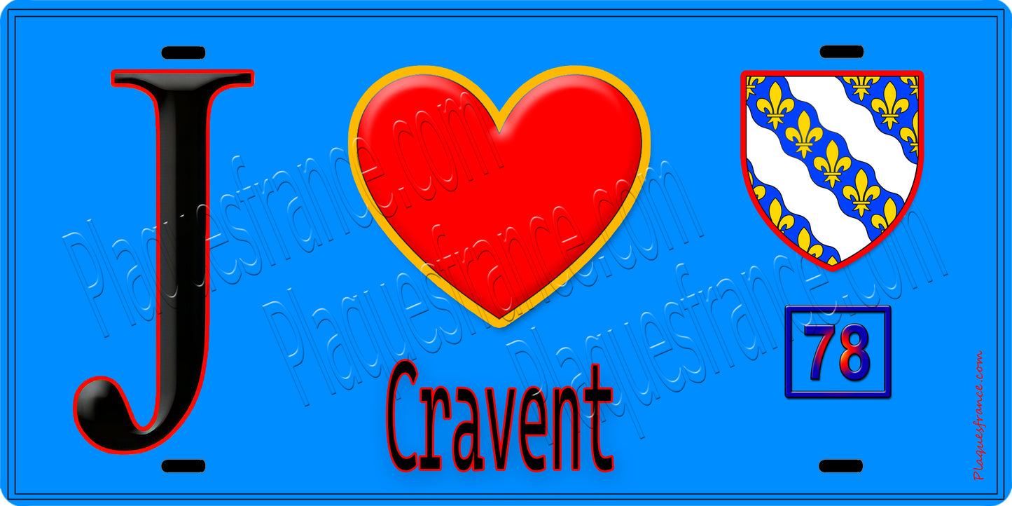 Plaque métal décorative J' ❤️ Cravent, Yvelines (78) fod bleu