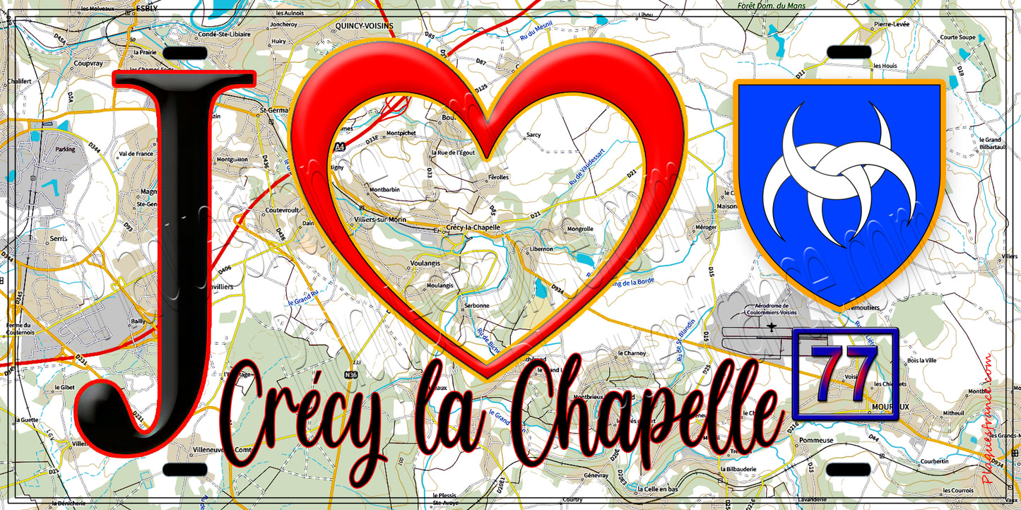 Plaque métal décorative J' ❤️Crécy-la-Chapelle, Seine et Marne (77)