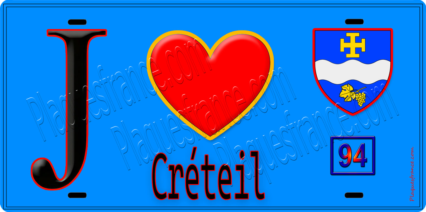 Plaque métal décorative J' ❤️Créteil, Val de Marne (94) fond bleu