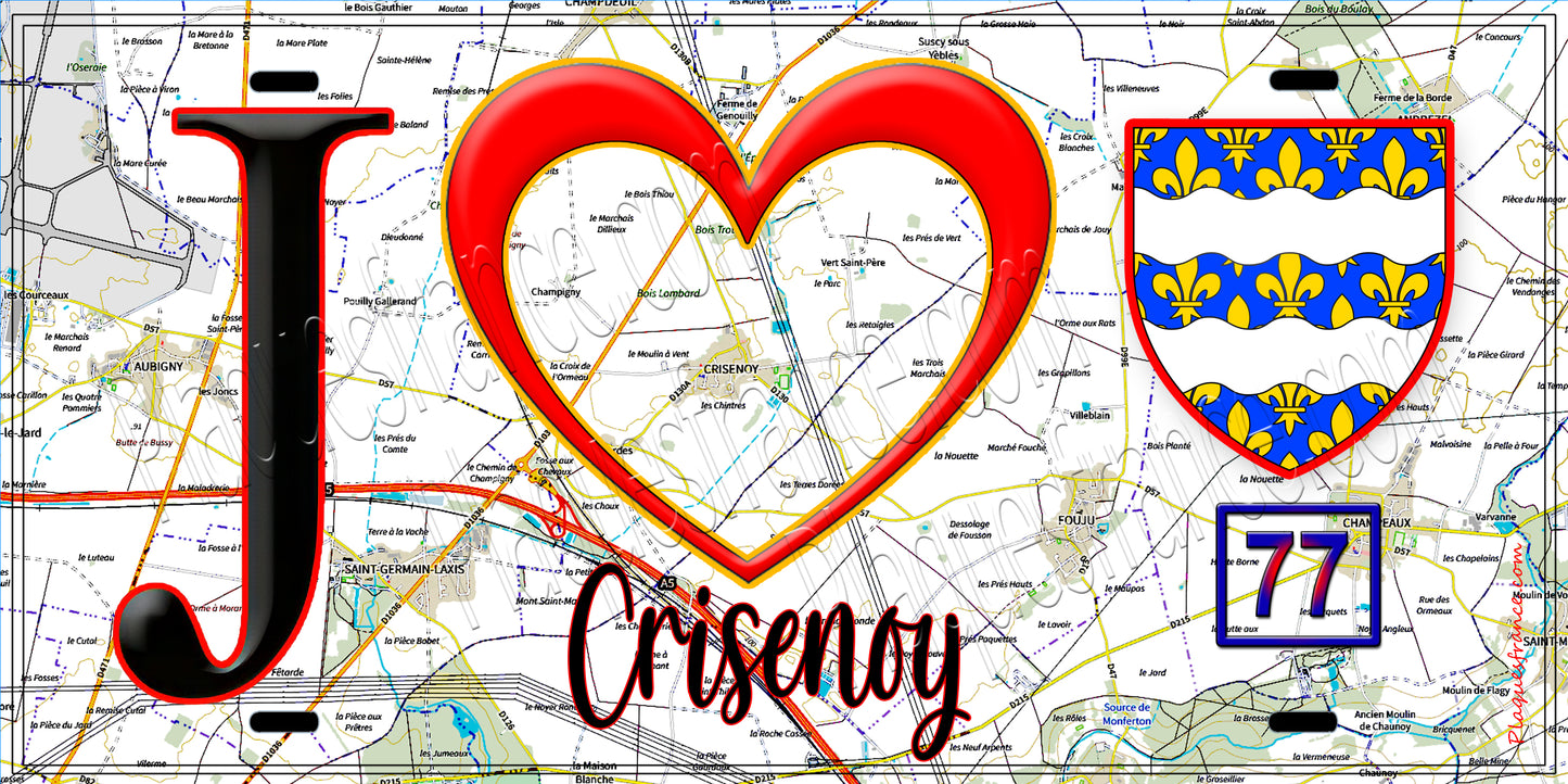 Plaque métal décorative J' ❤️Crisenoy, Seine et Marne (77) fond carte
