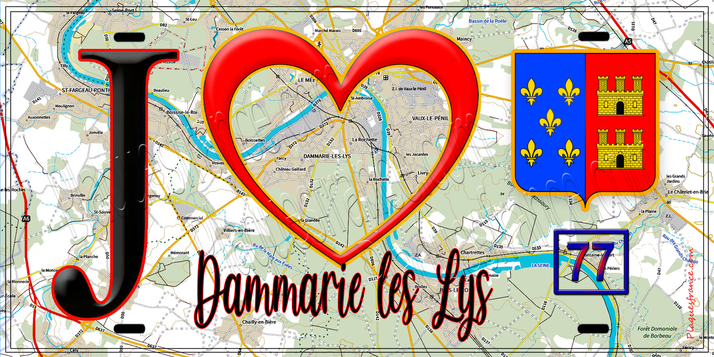 Plaque métal décorative J' ❤️Dammarie-les-Lys, Seine et Marne (77) fond carte