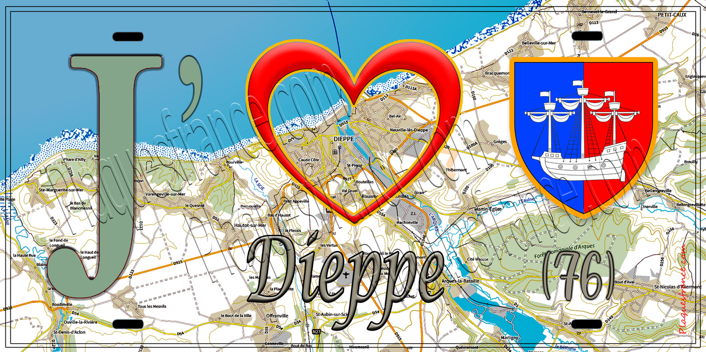 Plaque métal décorative J' ❤️ Dieppe, Seine Maritime (76) Géo 2