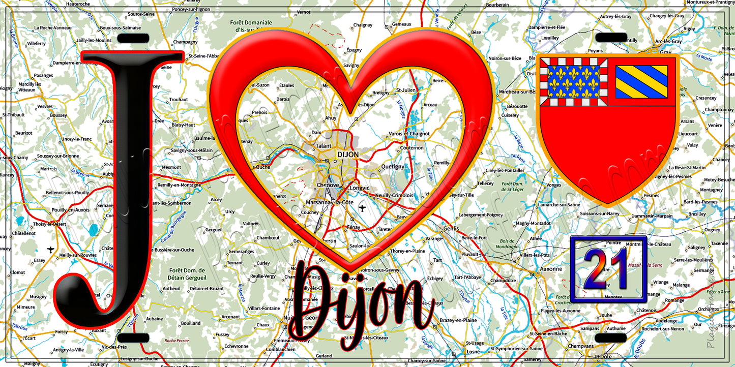 Plaque métal décorative J' ❤️ Dijon, Côte d'Or (21) fond carte