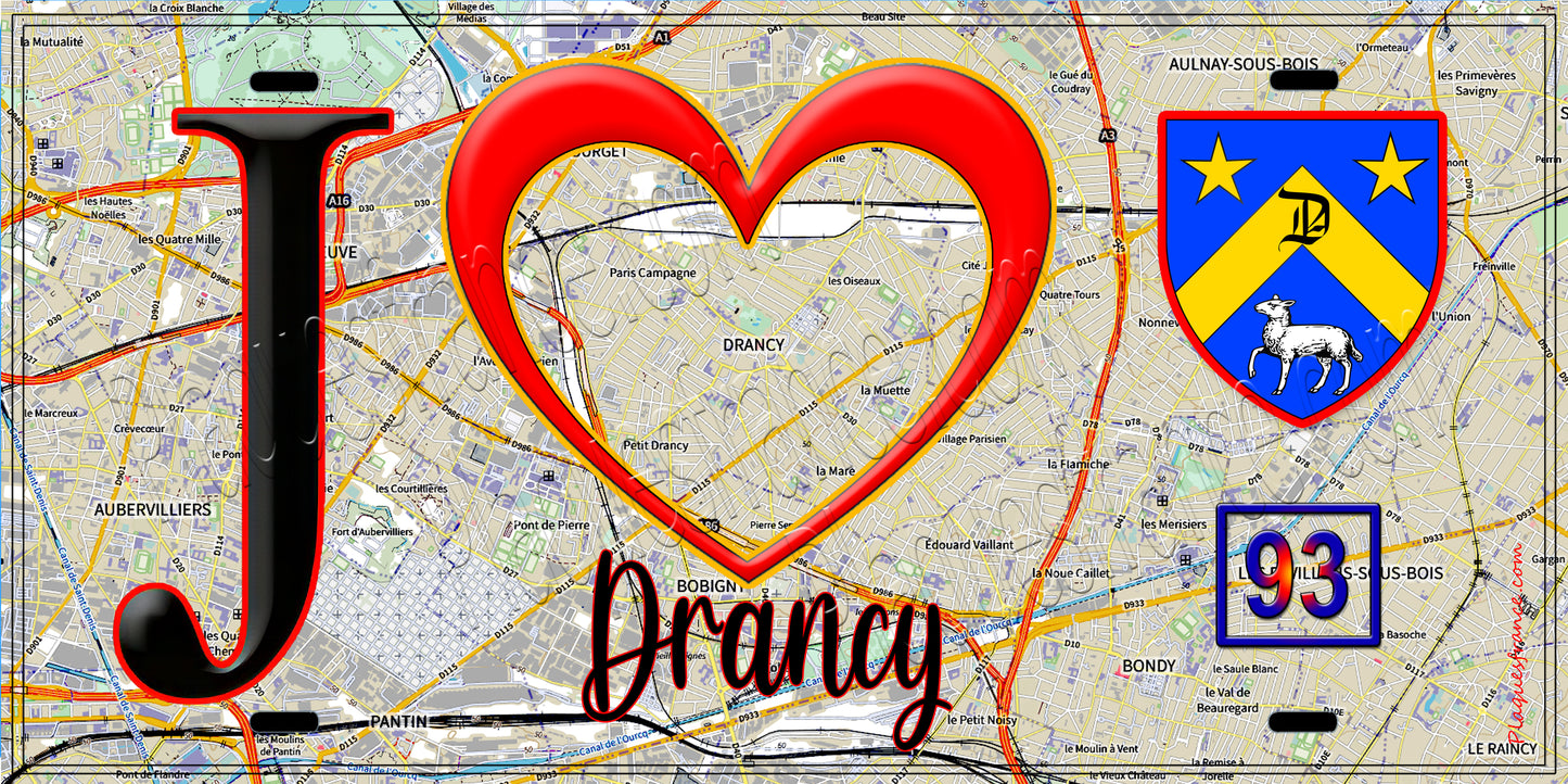 Plaque métal décorative J' ❤️Drancy, Seine Saint Denis (93) fod carte