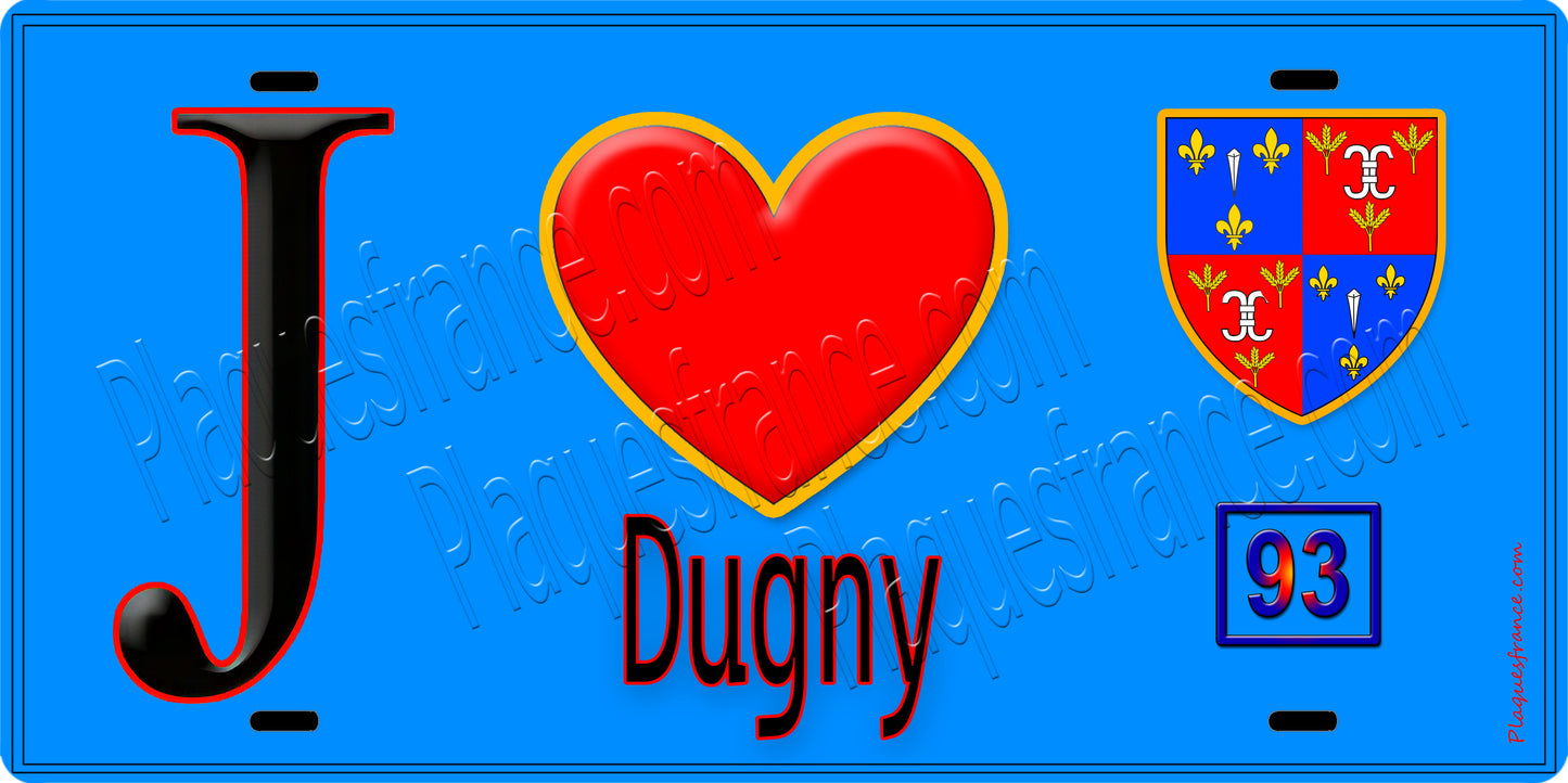Plaque métal décorative J' ❤️Dugny, Seine Saint Denis (93) fond bleu