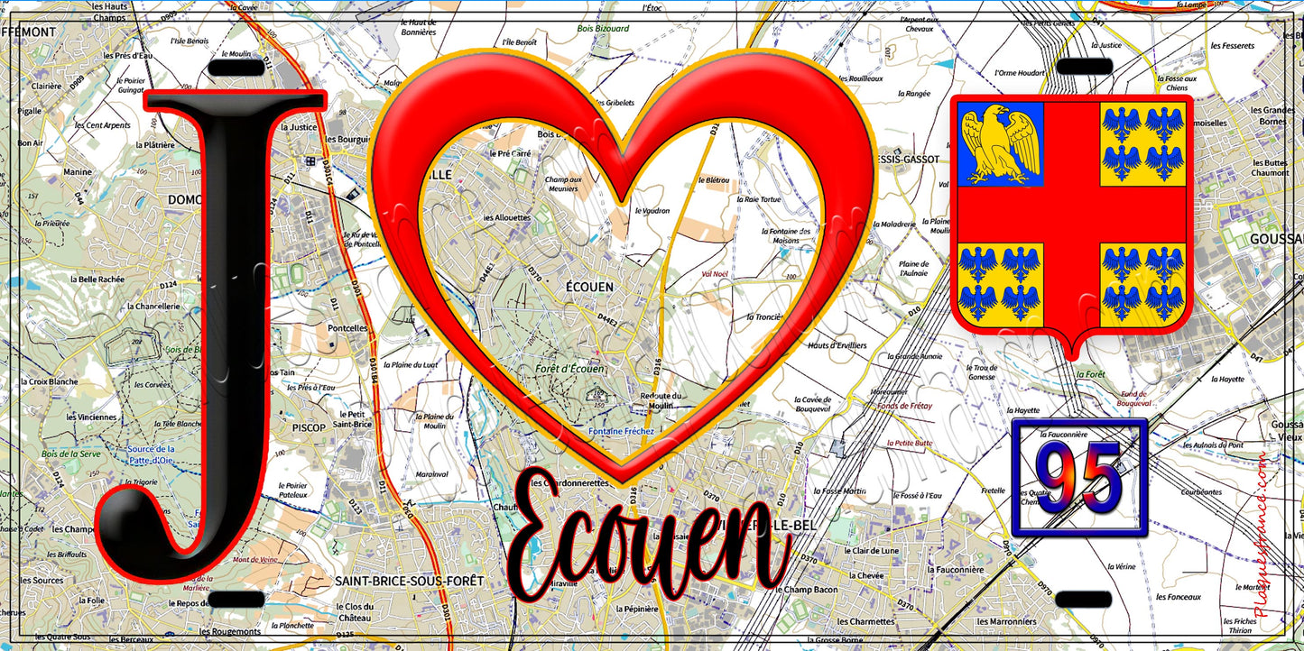 Plaque métal décorative J' ❤️Écouen, Val d'Oise (95) fond carte