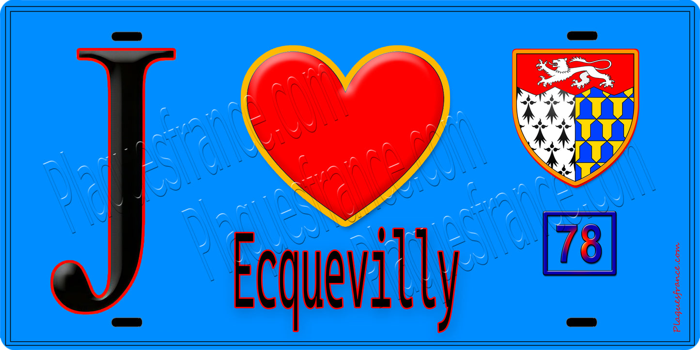 Plaque métal décorative J' ❤️ Ecquevilly, Yvelines (78) fond bleu