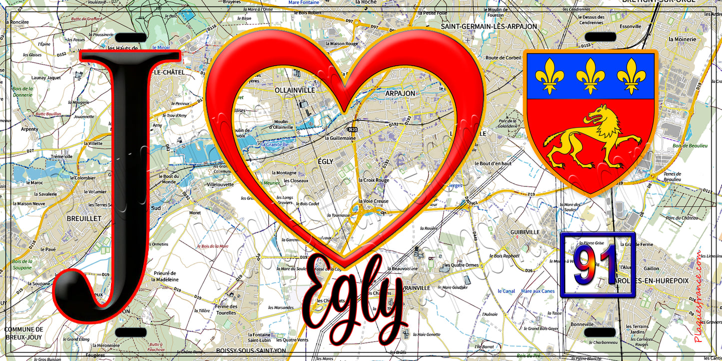 Plaque métal décorative J' ❤️Égly, Essonne (91) fond carte