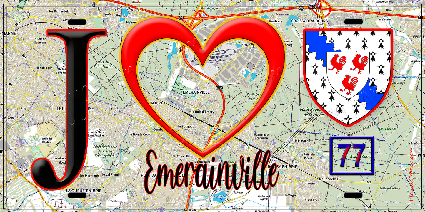 Plaque métal décorative J' ❤️Émerainville, Seine et Marne (77) fond carte