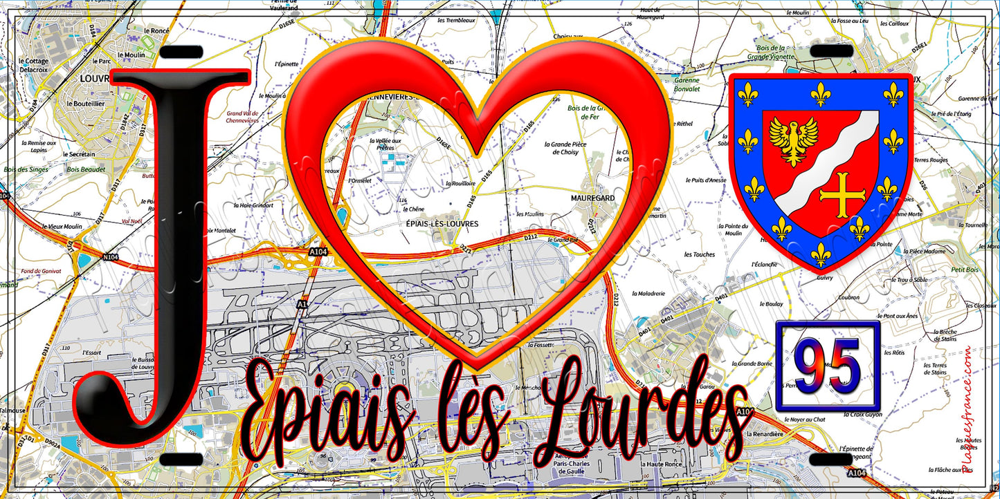 Plaque métal décorative J' ❤️Épiais-lès-Louvres, Val d'Oise (95) fond carte