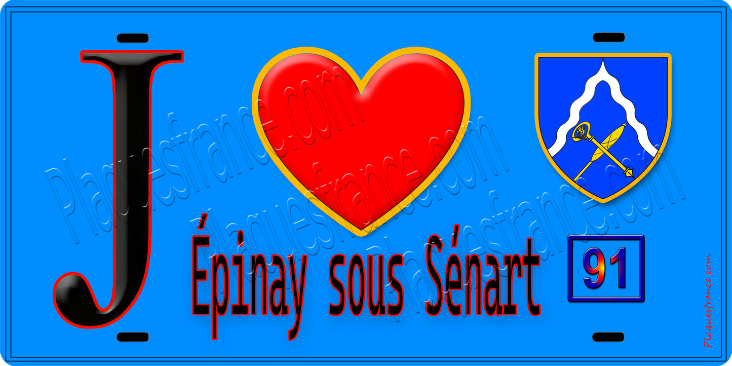 Plaque métal décorative J' ❤️Épinay-sous-Sénart, Essonne (91) fond bleu