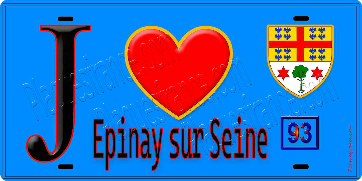 Plaque métal décorative J' ❤️Épinay-sur-Seine, Seine Saint Denis (93) fond bleu