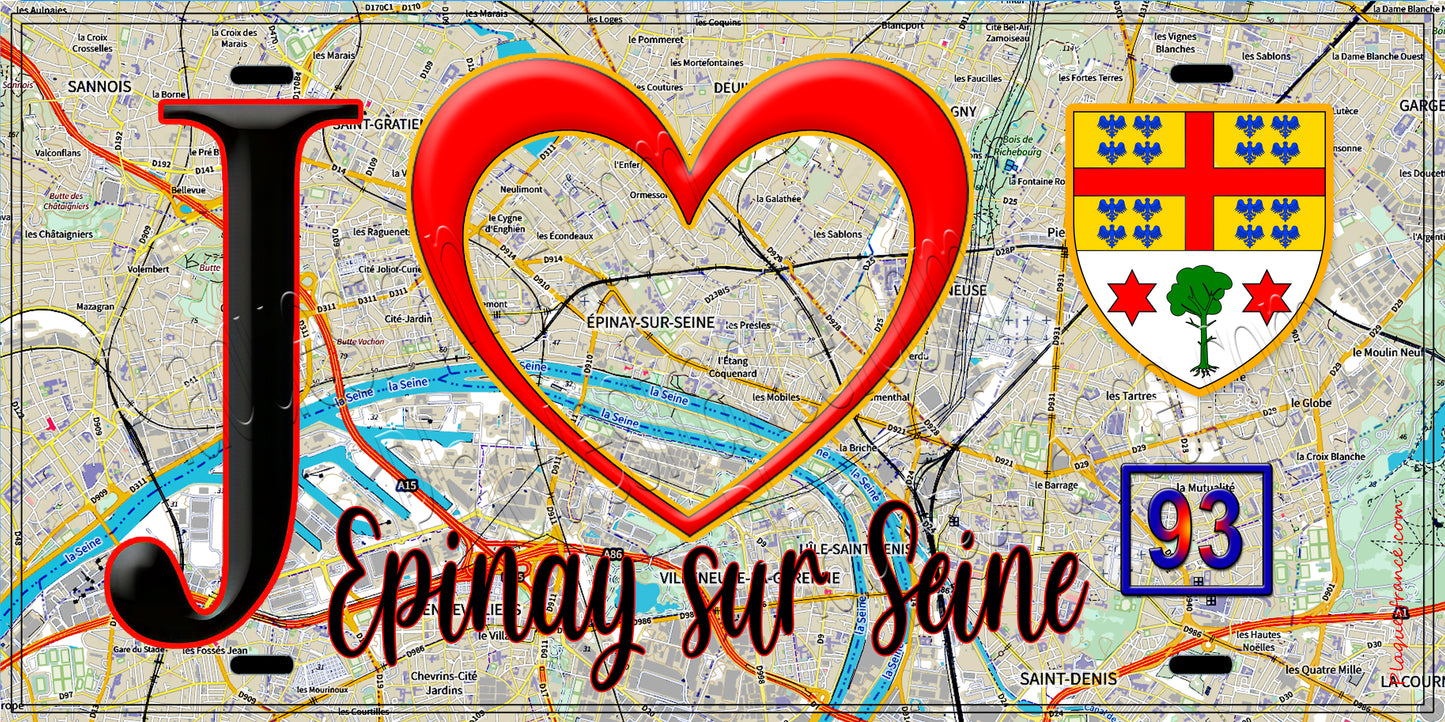 Plaque métal décorative J' ❤️Épinay-sur-Seine, Seine Saint Denis (93) fond carte