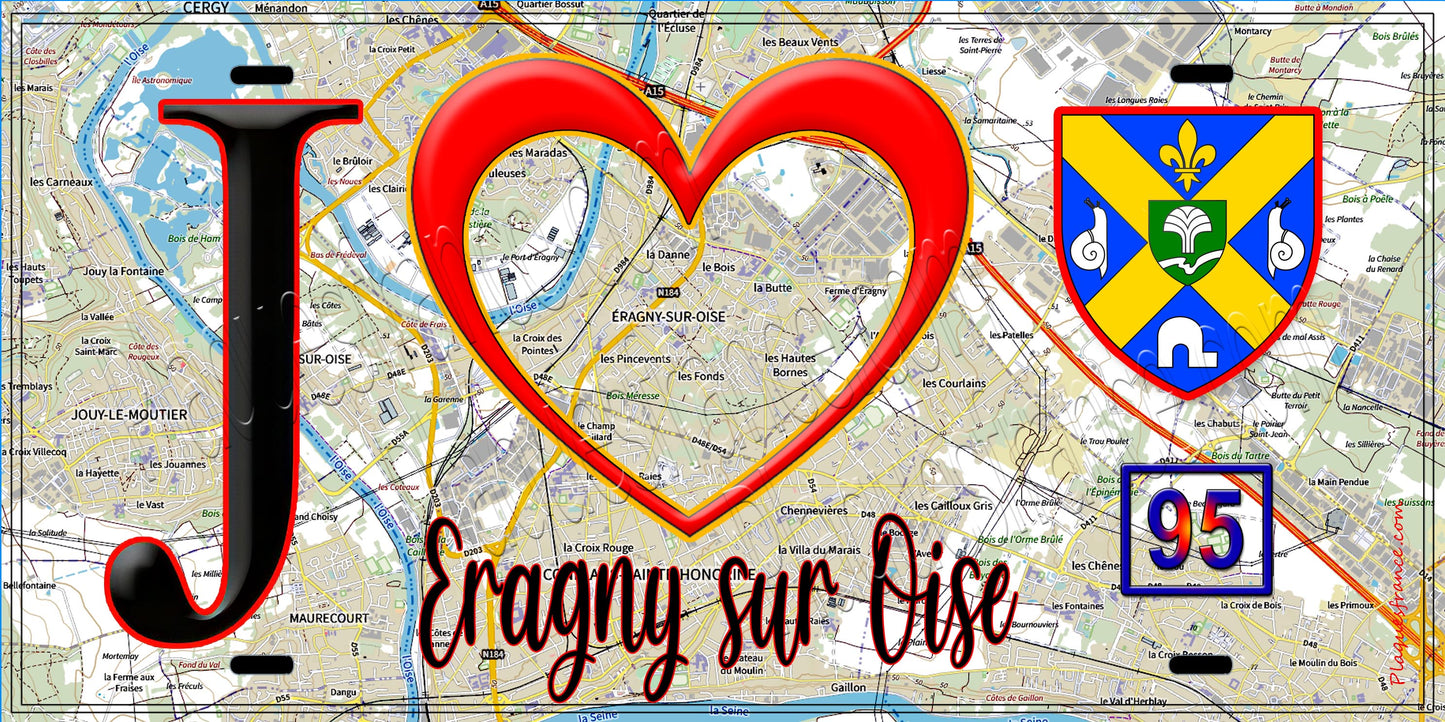 Plaque métal décorative J' ❤️Éragny-sur-Oise, Val d'Oise (95) fond carte