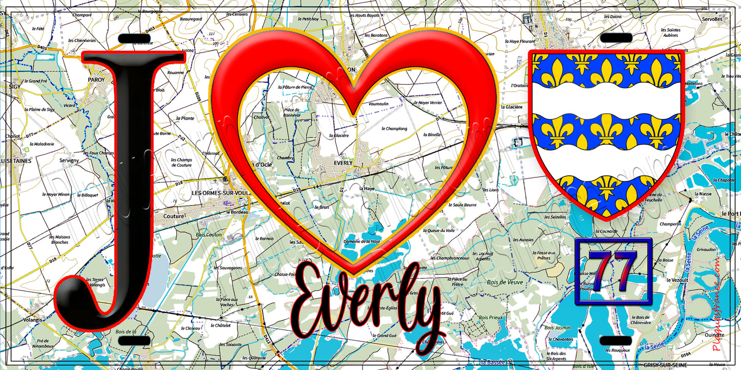 Plaque métal décorative J' ❤️Everly, Seine et Marne (77) fond carte