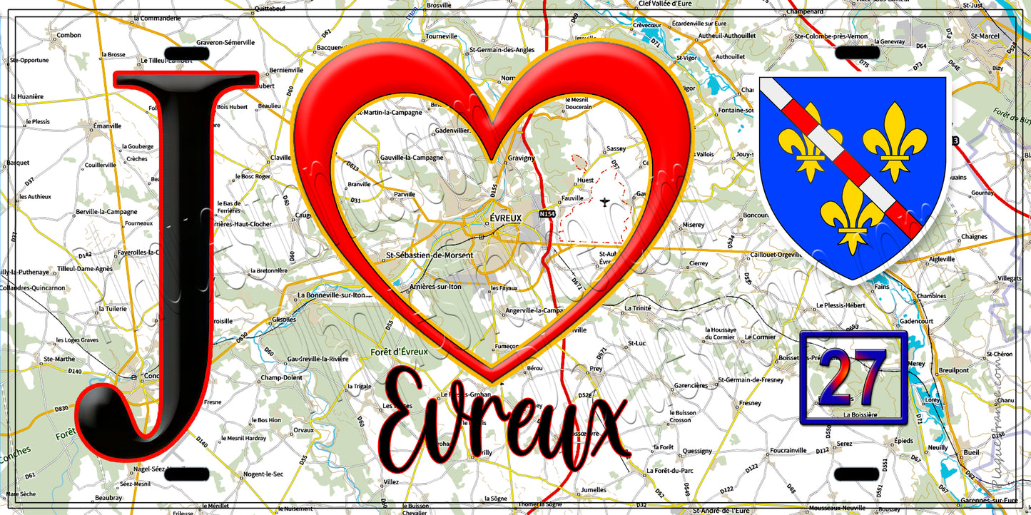 Plaque métal décorative, J' ❤️Evreux, Eure 27