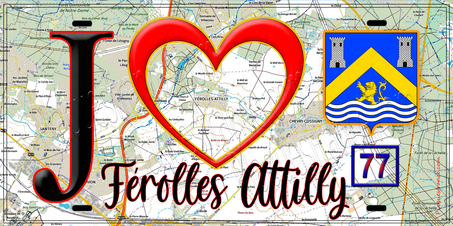 Plaque métal décorative J' ❤️Férolles-Attilly, Seine et Marne (77) fond carte