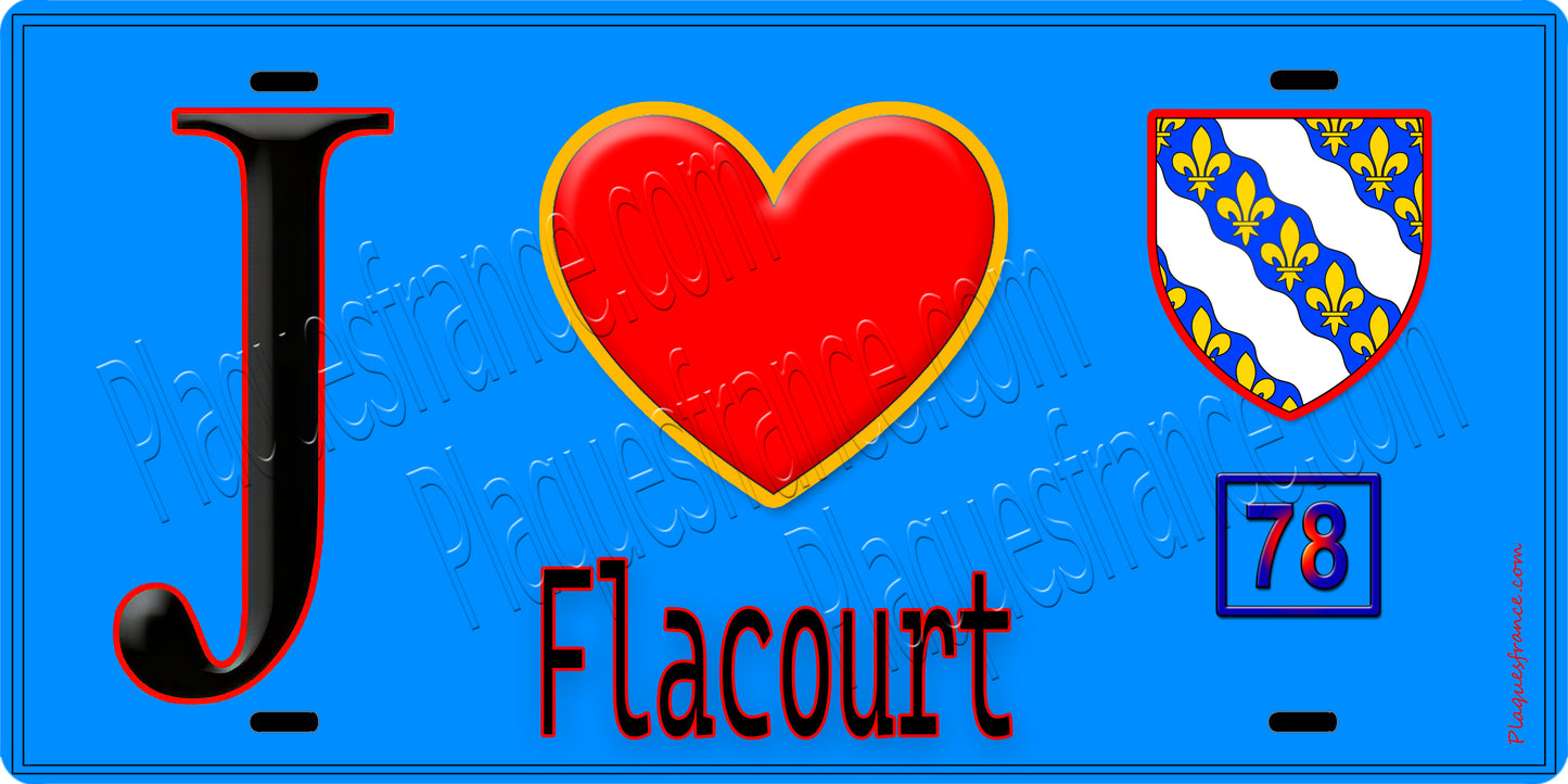 Plaque métal décorative J' ❤️ Flacourt, Yvelines (78) fond bleu
