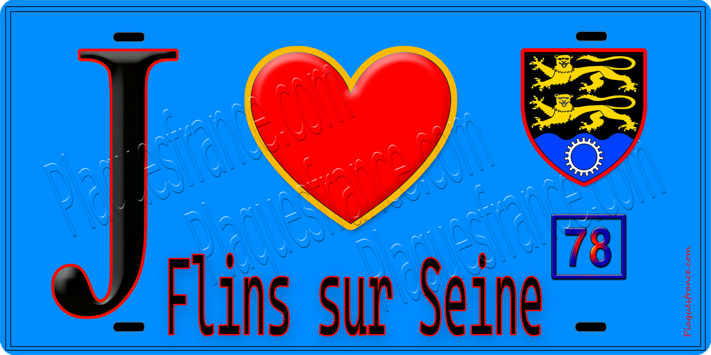 Plaque métal décorative J' ❤️ Flins-sur-Seine, Yvelines (78) fond bleu