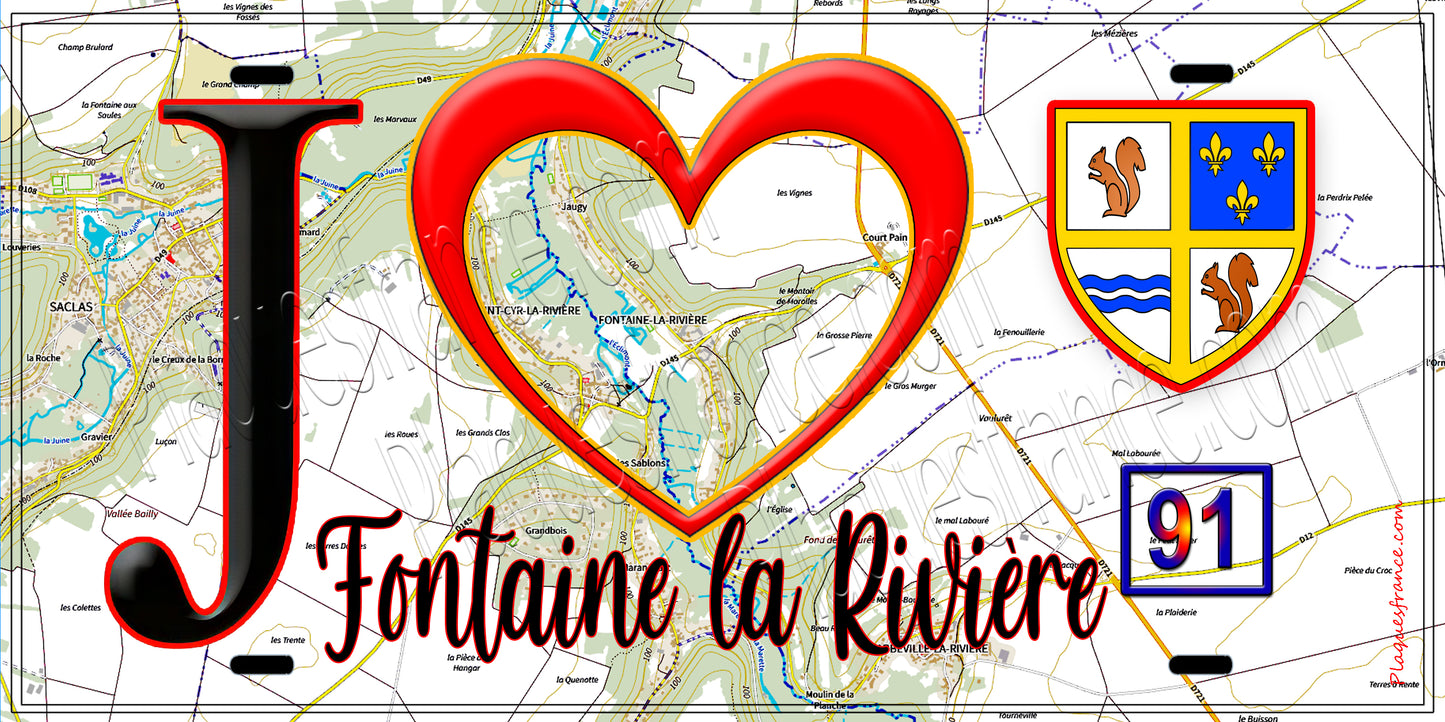 Plaque métal décorative J' ❤️Fontaine-la-Rivière, Essonne (91) fond carte