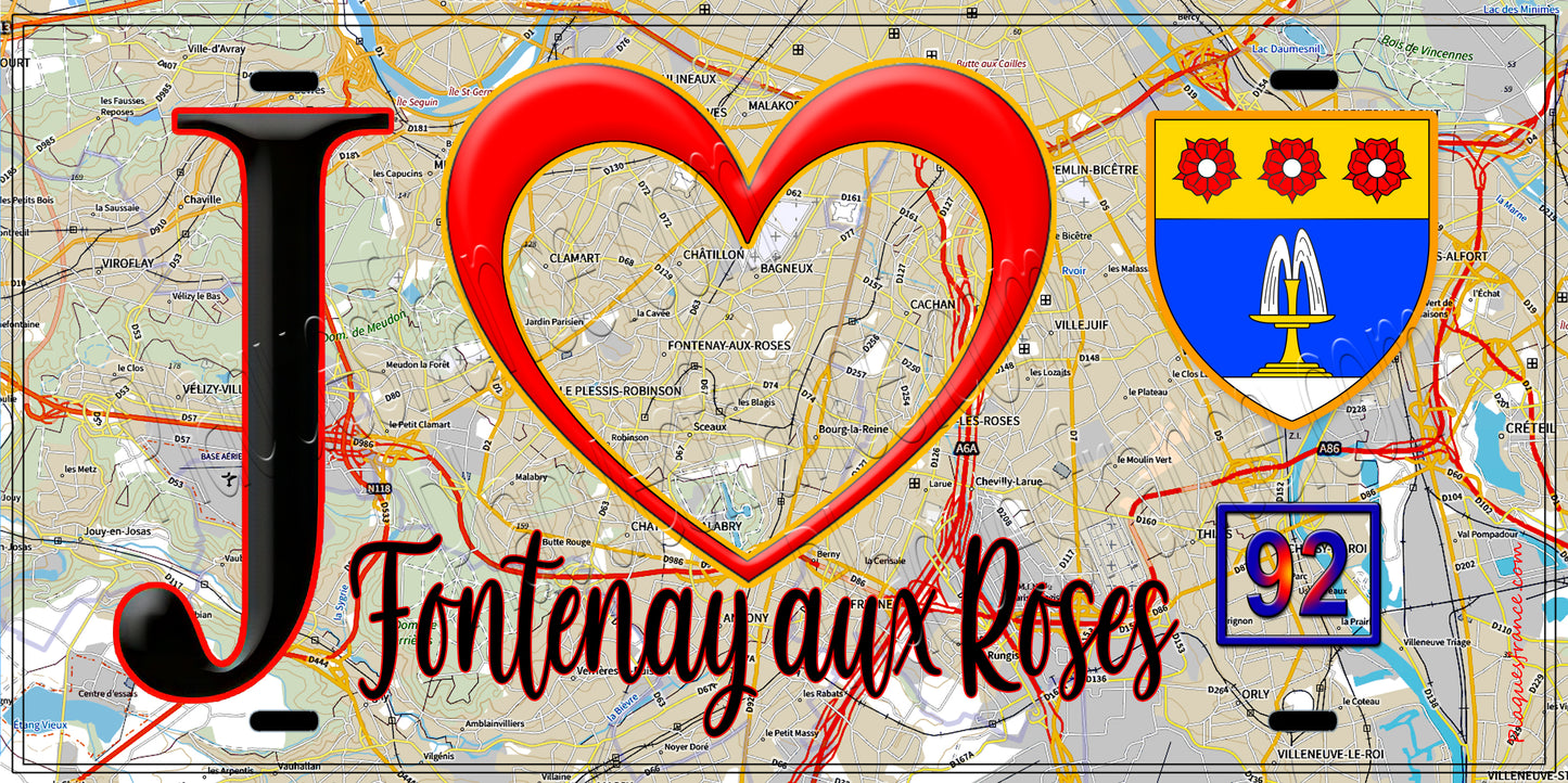 Plaque métal décorative J' ❤️ Fontenay-aux-Roses, Hauts de Seine (92) fond carte