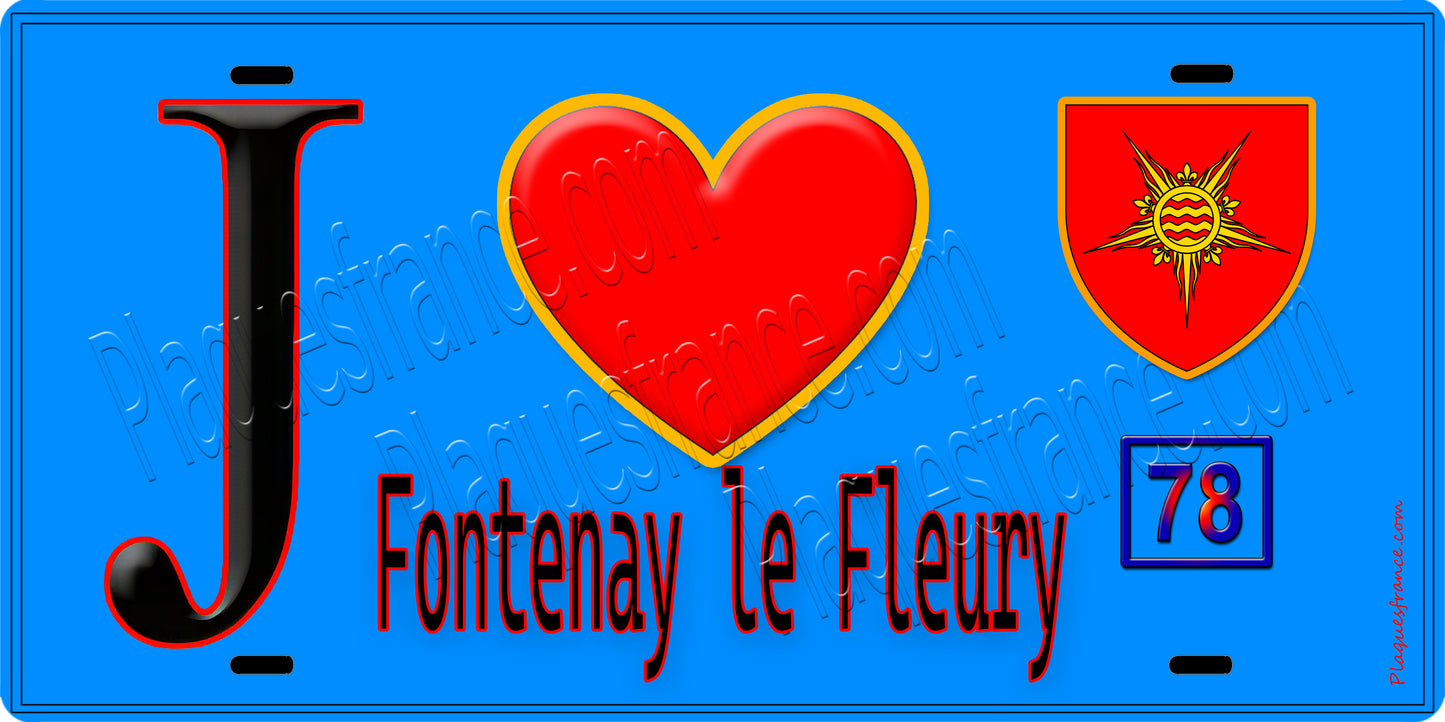 Plaque métal décorative J' ❤️ Fontenay-le-Fleury, Yvelines (78) fond bleu