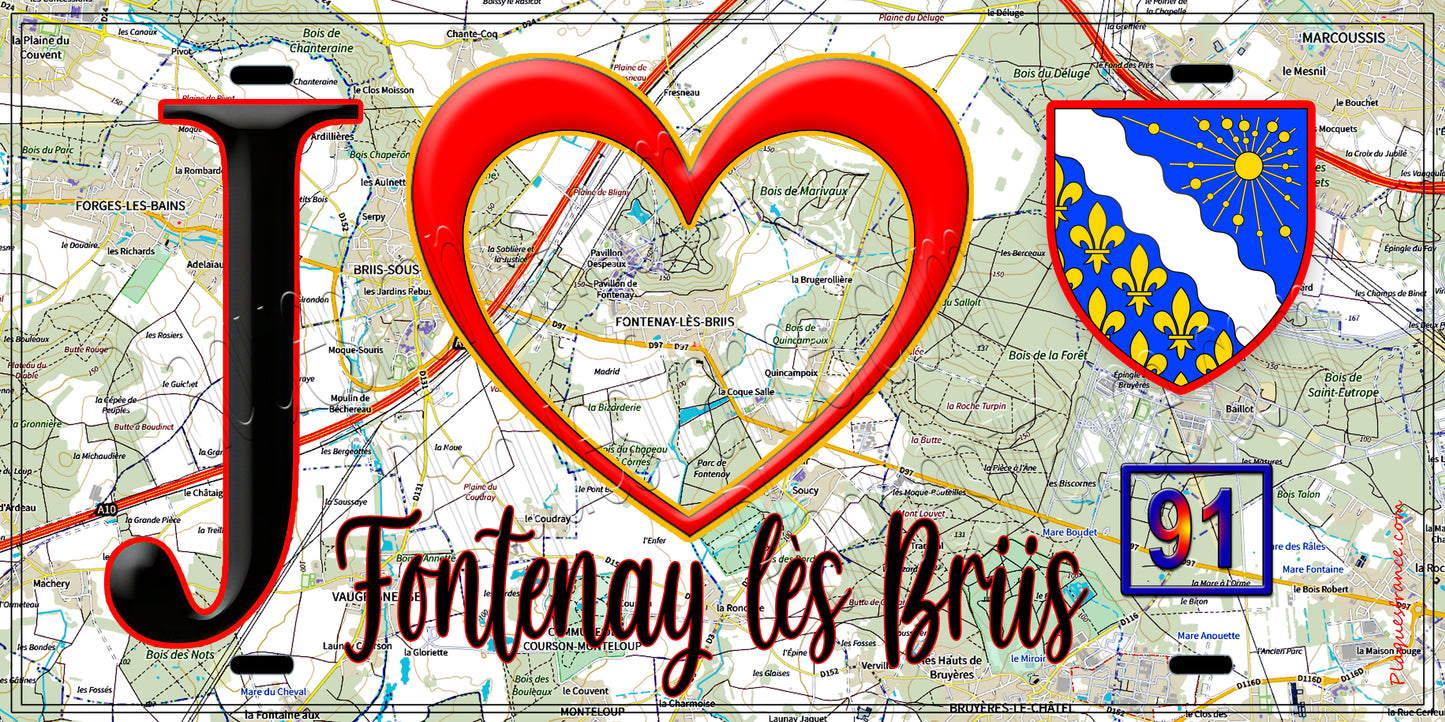 Plaque métal décorative J' ❤️Fontenay-lès-Briis, Essonne (91) carte