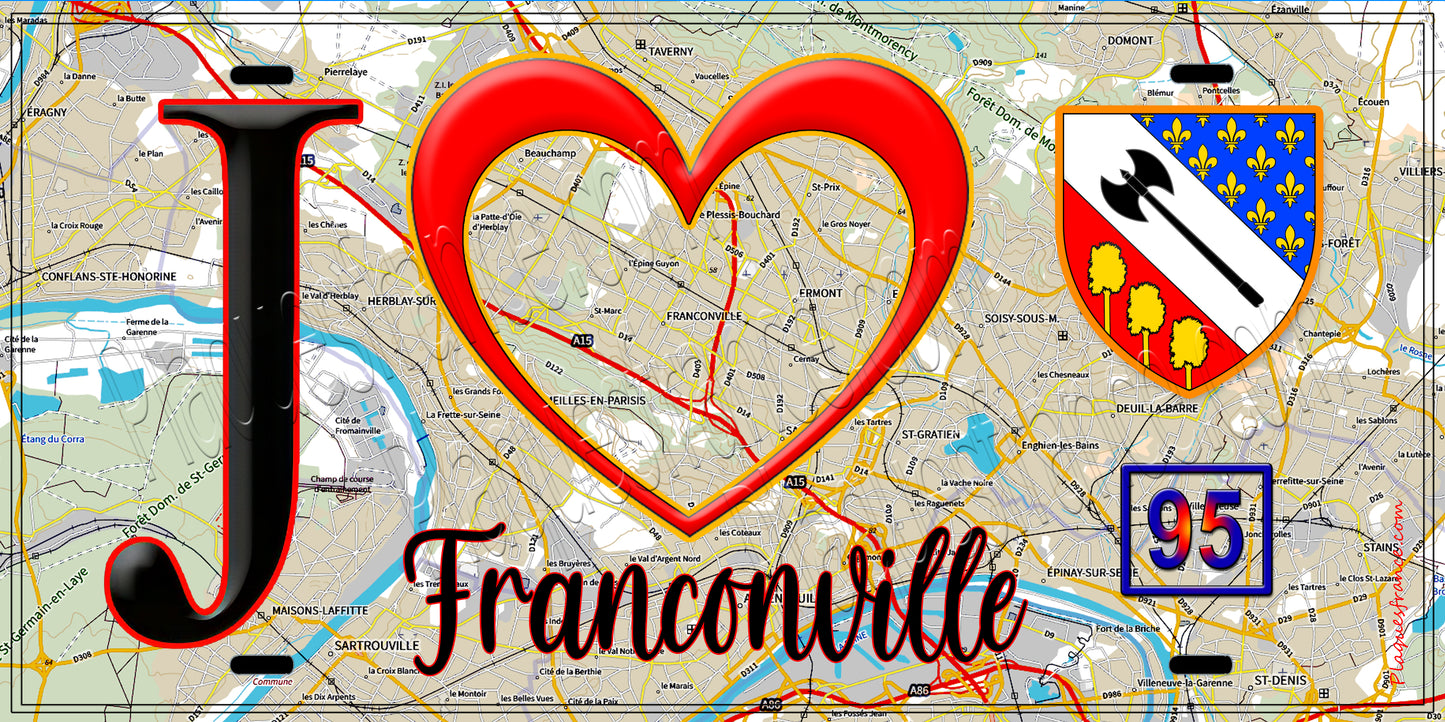 Plaque métal décorative J' ❤️Franconville, Val d'Oise (95) fond carte