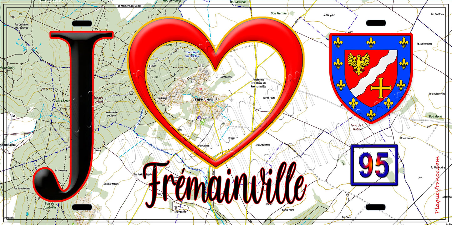 Plaque métal décorative J' ❤️Frémainville, Val d'Oise (95) fond carte