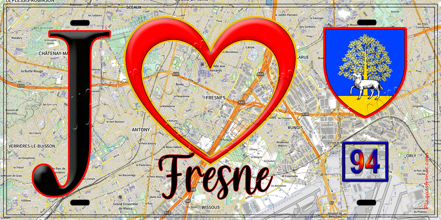 Plaque métal décorative J' ❤️Fresnes, Val de Marne (94) fond carte