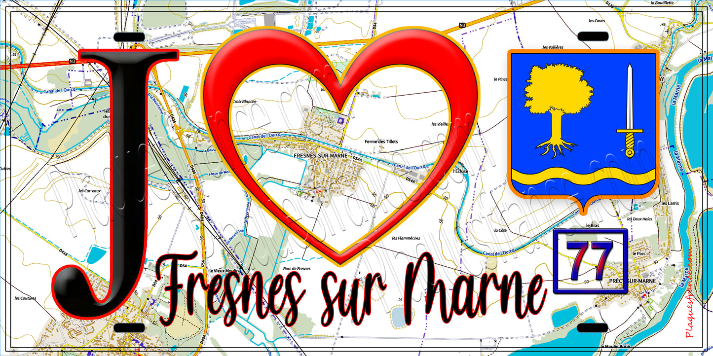Plaque métal décorative J' ❤️Fresnes-sur-Marne, Seine et Marne (77) fond carte