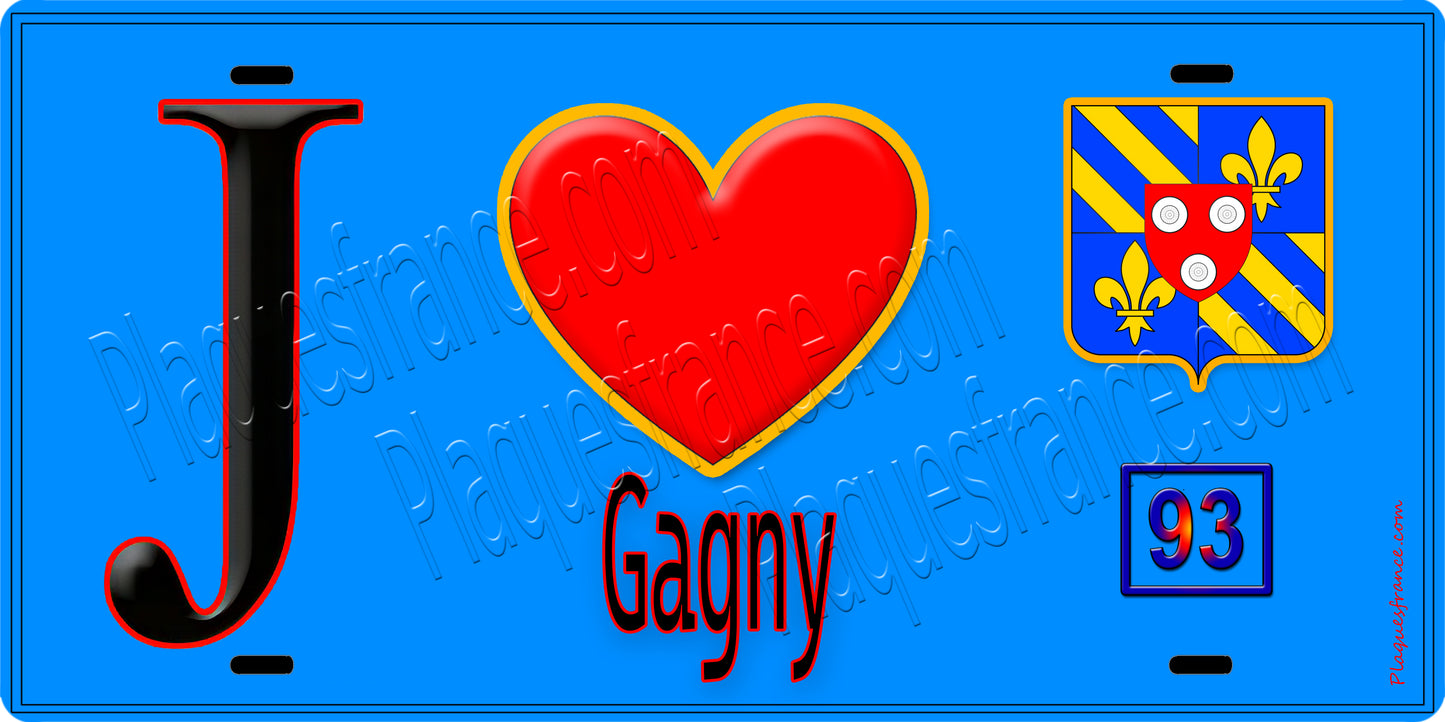 Plaque métal décorative J' ❤️Gagny, Seine Saint Denis (93) fond bleu