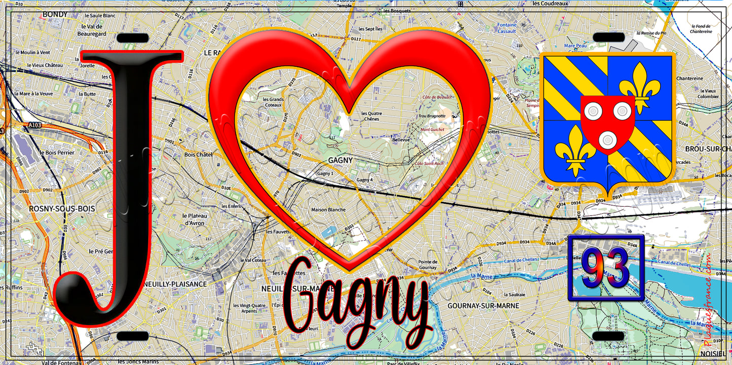 Plaque métal décorative J' ❤️Gagny, Seine Saint Denis (93) fond carte