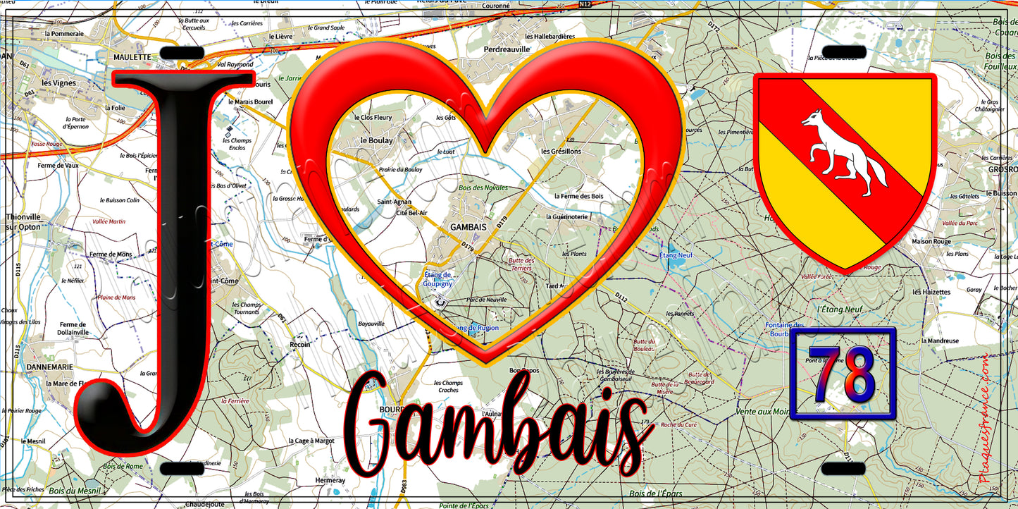 Plaque métal décorative J' ❤️ Gambais, Yvelines (78) fond carte