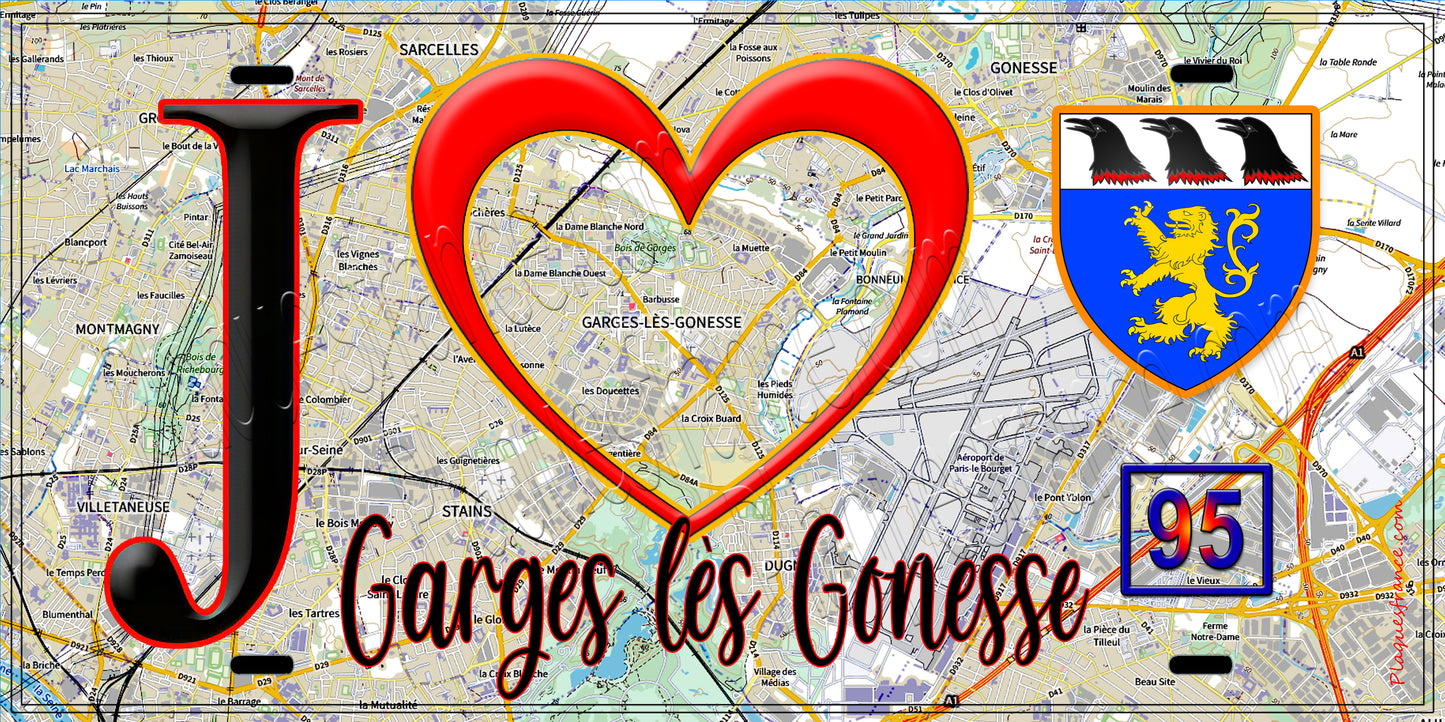 Plaque métal décorative J' ❤️Garges‑lès‑Gonesse, Val d'Oise (95) fond carte