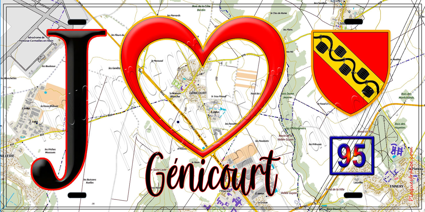 Plaque métal décorative J' ❤️Génicourt, Val d'Oise (95) fond carte