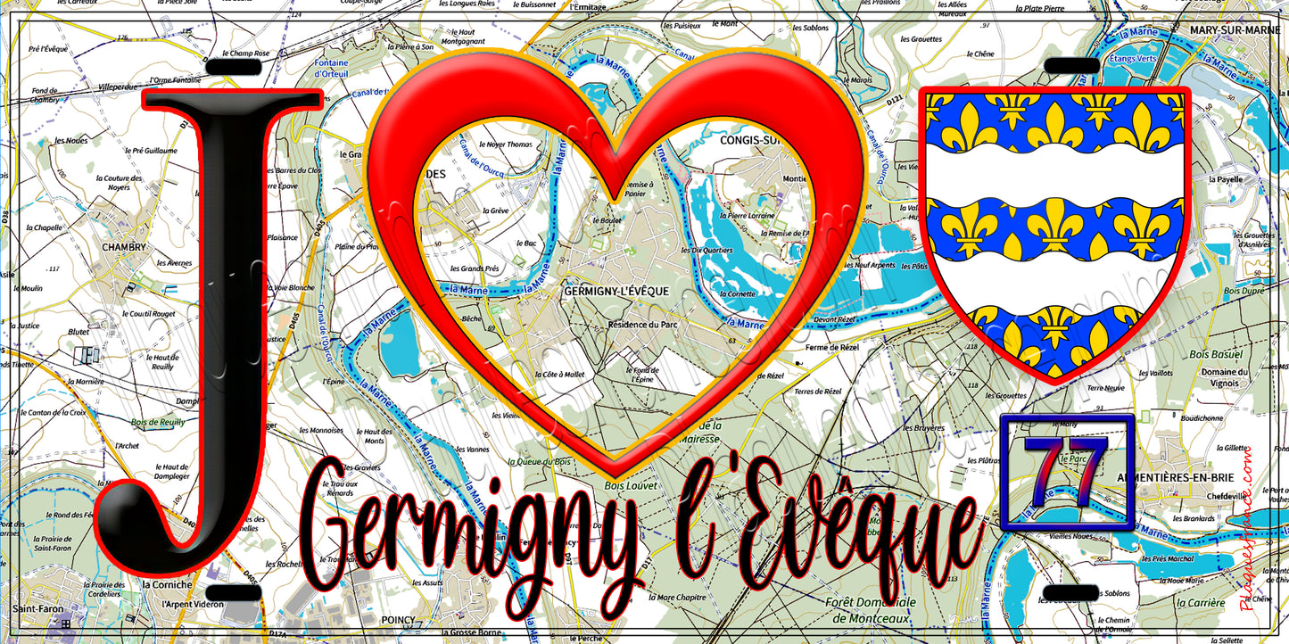 Plaque métal décorative J' ❤️Germigny-l'Évêque, Seine et Marne (77) fond carte