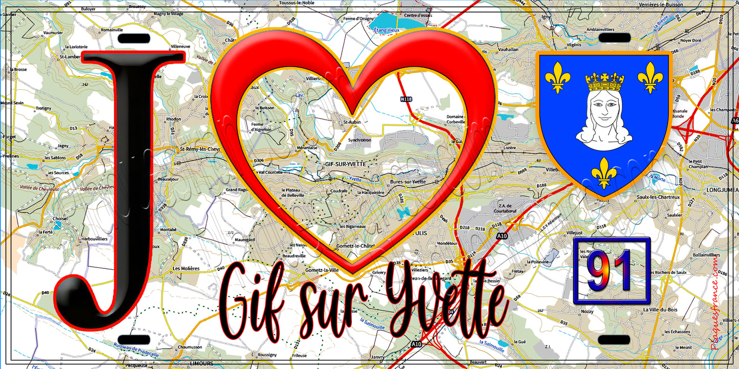 Plaque métal décorative J' ❤️Gif-sur-Yvette, Essonne (91) fond carte