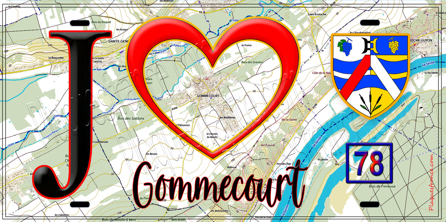 Plaque métal décorative J' ❤️ Gommecourt, Yvelines (78) fond carte