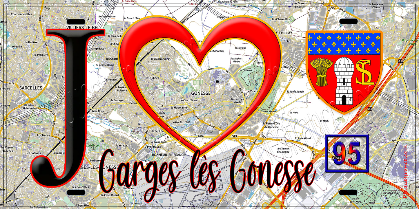 Plaque métal décorative J' ❤️Gonesse, Val d'Oise (95) fond carte