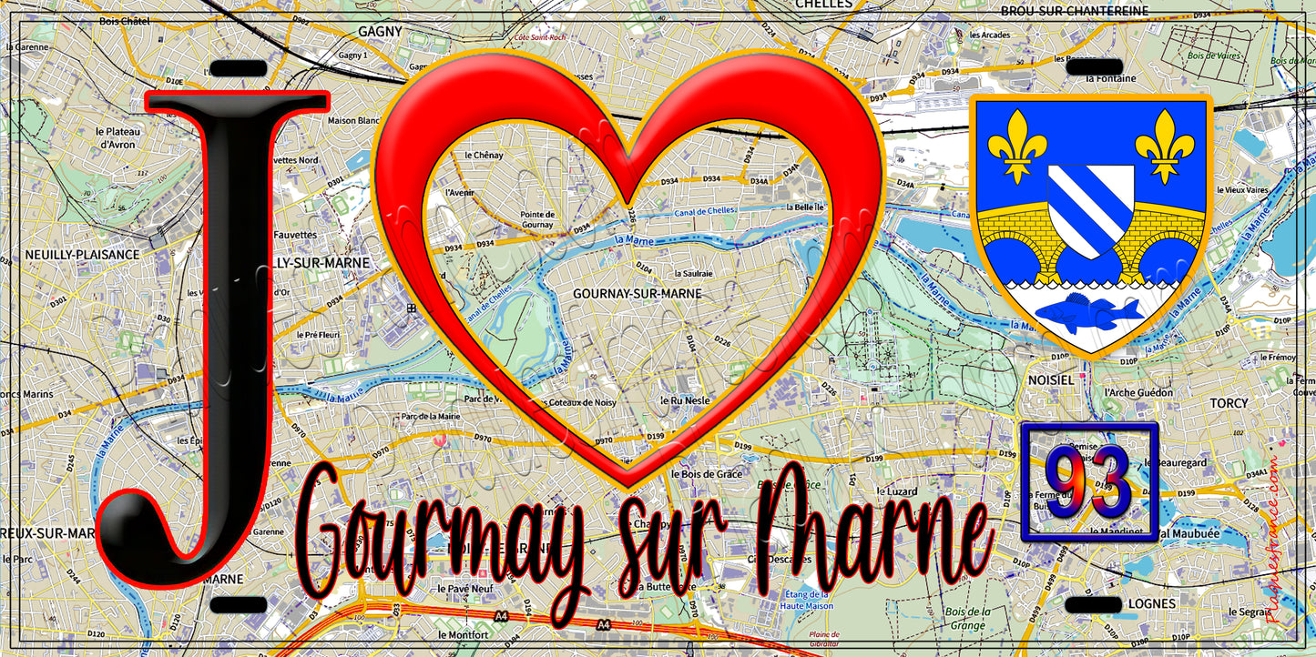 Plaque métal décorative J' ❤️Gournay-sur-Marne, Seine Saint Denis (93) fond carte